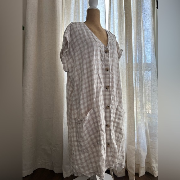 LOFT Lou & Grey 100% Linen gingham checkered tan white mini house boho dress XL - Picture 2 of 9